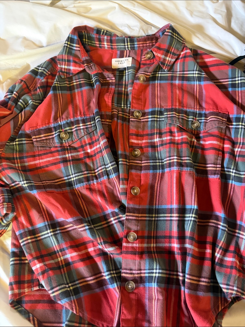 American Eagle Red and Black Plaid Flannel Shirt